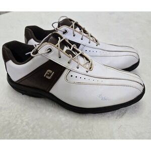 FootJoy Golf Shoes Mens White Brown Leather Cleated Spiked Golfing‎